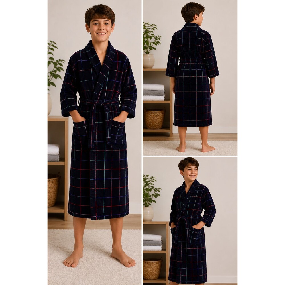 Norm Thompson Boys Youth Navy Velour Bath Robe 100% Cotton Belted S~12 Years old